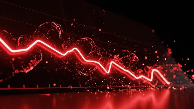 Red glowing line graph with dynamic water splash effect and glowing reflection on dark background symbolizing energy and downward trend in data visualization and financial analysis
