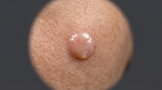 Dermatoscopic macro view of benign skin nodule sebaceous cyst with capillaries