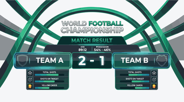 Scoreboard display showing Team A versus Team B with a final score of 2 to 1 in a World Football Championship match result screen with green and silver graphics.