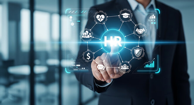A businessman in a suit touching a digital hr management interface with for training, recruitment, compensation, and security in an office