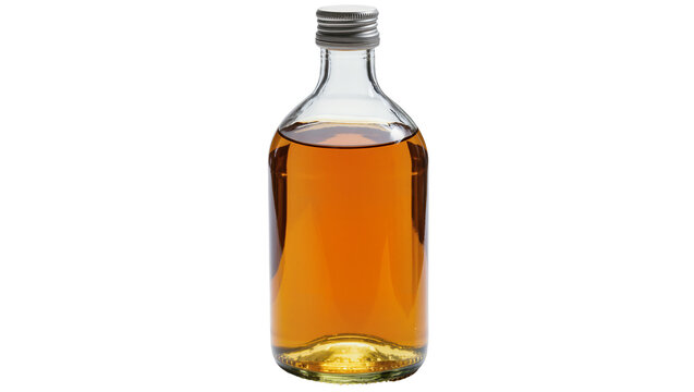 Clear glass bottle with amber liquid and silver cap