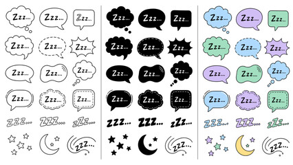 Fototapeta premium Collection of Zzz speech bubbles and night icons for sleep and dreams