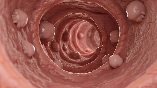 Large intestine interior, detailed mucosal lining with multiple colonic polyps, slow endoluminal camera movement, accurate anatomy, healthcare education concept, 4K video