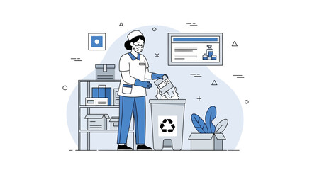 Fototapeta premium Nurse Disposing Medical Waste in Recycling Bin, Hospital Cleaning and Hygiene Concept