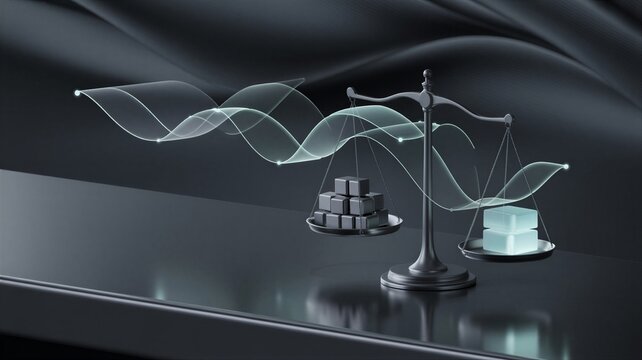 Scale with coin stack and probability wave representing bayesian analysis concept and probabilistic inference.