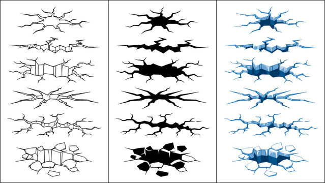 Collection of cracked ground and ice surface illustrations for design