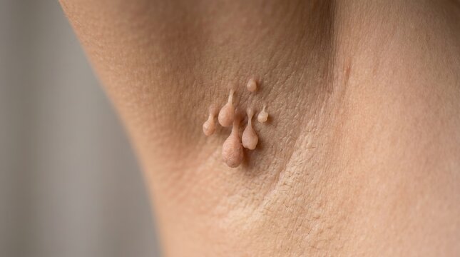 Macro view of skin tags soft fibromas clustered in the armpit area