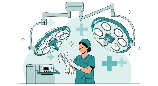 Nurse Cleaning Operating Room Lights and Equipment, Hospital Hygiene Concept