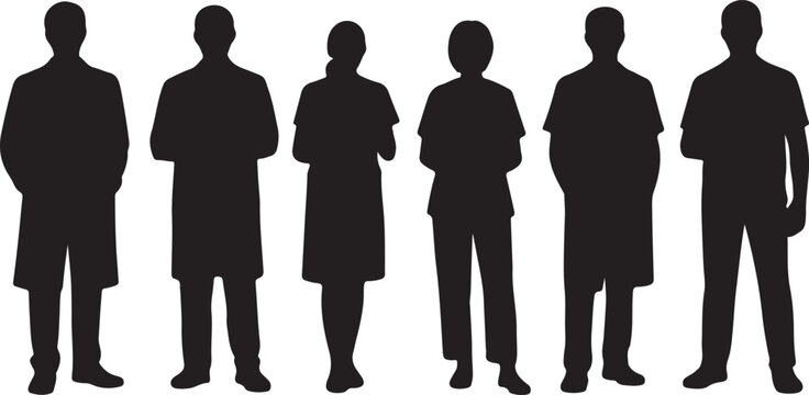 Silhouettes of medical staff, doctors and nurses standing in a row