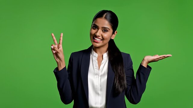 Businesswoman confidently greeting with smile and hand wave in modern office setting
