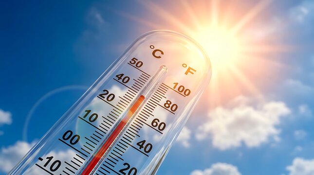 thermometer showing high temperature celsius fahrenheit against bright sunny sky with clouds blue sky sun shining warmly on hot summer day outdoor weather.