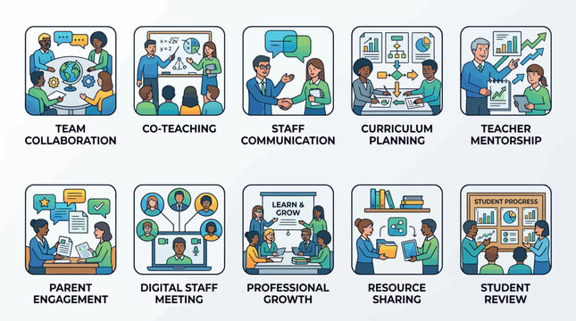 People in educational settings collaborating.