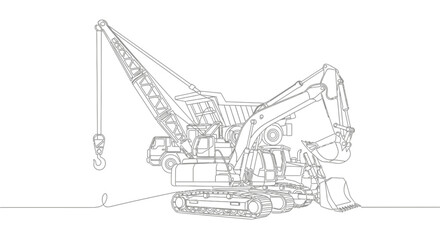 Construction vehicles line art: excavator, crane truck, dump truck © Papa