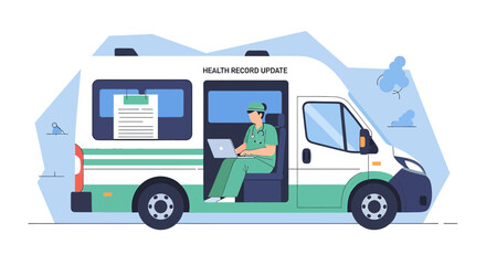 Fototapeta premium Ambulance with medical professional updating health records on laptop, telemedicine concept