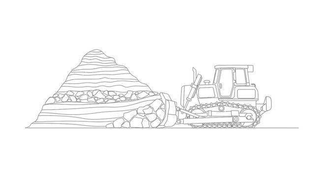 Bulldozer pushing pile of rocks and earth, construction site, industrial machinery line art