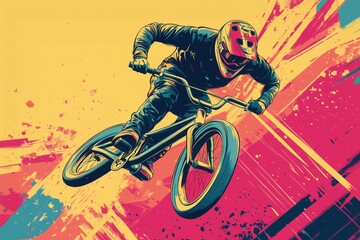 Naklejka premium A comic-book-inspired illustration of a BMX rider doing a trick mid-air, with exaggerated action lines and bold colors.