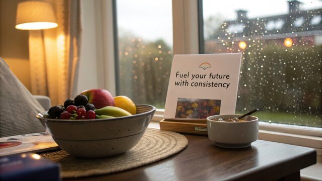 Rainy morning fruit breakfast with motivational quote
