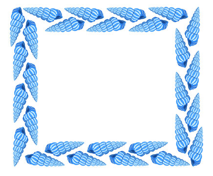 Square frame border layout made of blue conical spindle sea shells. Elegant marine coastal decoration vector template for text or summer beach invitations on white background