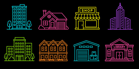 Fototapeta premium Collection of colorful neon building icons on a black background