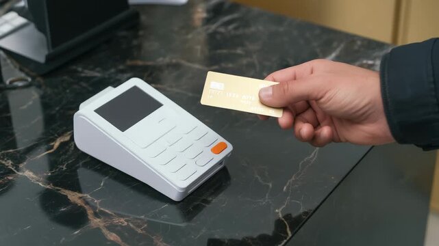 Customer holding contactless card beside payment terminal, NFC retail transaction, cashless economy, secure checkout, banking technology and digital commerce concept. customer
