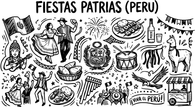 Peruvian National Holidays Doodle Set: Culture, Food, Traditions, People, and National Symbols in Hand-Drawn Black and White Line Art Style