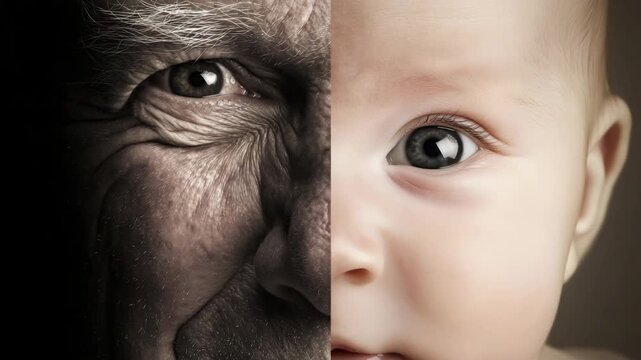 Emotional life stages concept with elderly man and baby portrait, past and future generation contrast, realistic human aging image life stages, aging, baby portrait, elderly