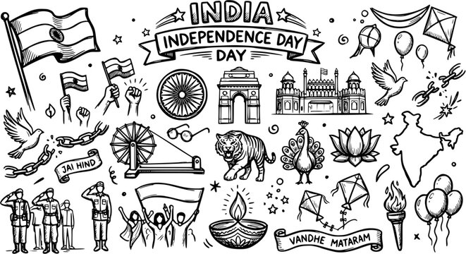 Indian Independence Day Hand-drawn Line Art Doodle Set with National Symbols and Cultural Elements in Black  White Sketch Style
