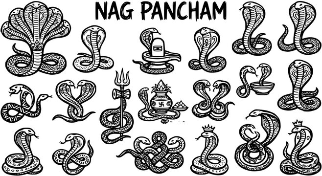 Nag Panchami Hindu Festival Snakes and Religious Symbols Vector Doodle Set. Traditional Indian Spirituality Black and White Line Art Icons.
