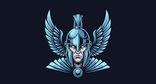 Blue winged spartan helmet warrior mask logo.