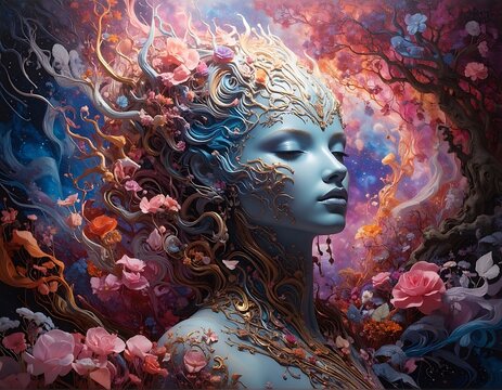 A surreal, ornate portrait of a woman with floral and cosmic elements