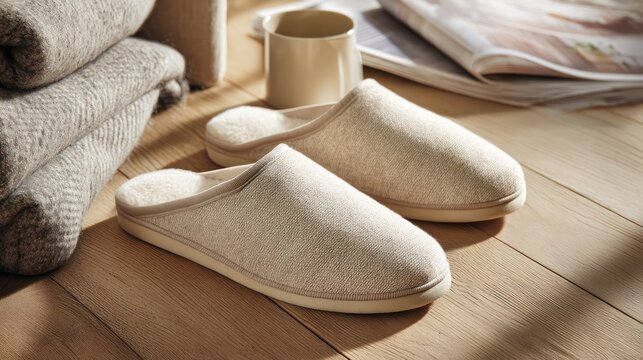 Cozy scene featuring slippers, blankets, coffee cup, and a magazine on a wooden surface