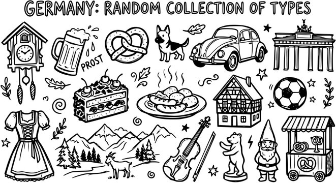 German Culture Travel Icons Doodle Collection: Hand-drawn Black  White Line Art Set of Traditional Symbols, Landmarks, and Food.