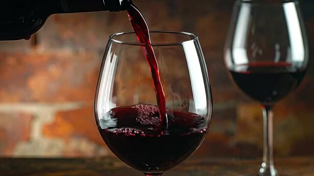 Red liquid is being poured from a dark bottle into a clear glass goblet