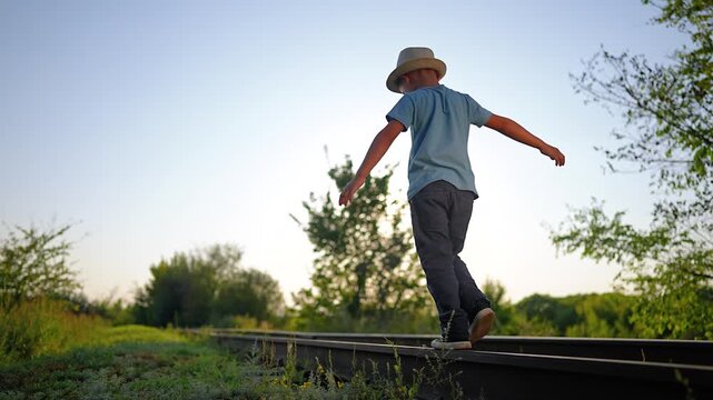 Boy in hat walks on railroad track balancing on rail. Child keeps balance walking on train track with arms out. Boy plays on railway in summer nature. Kid enjoys walking on railroad in sun.