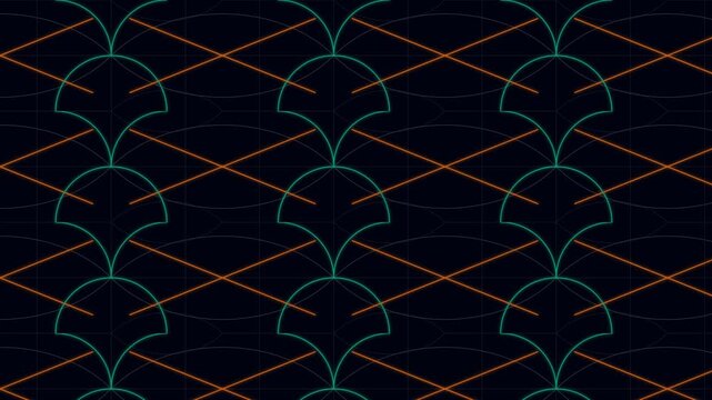 Geometric pattern animation featuring glowing teal arches and intersecting orange lines moving across a dark black digital background video clip