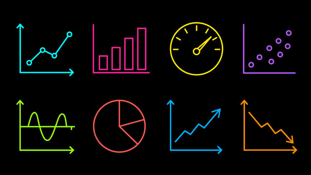 Collection of colorful business and financial charts and graphs on black background