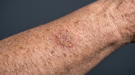Naklejka premium Solitary actinic keratosis lesion with rough scaly crust on aged forearm