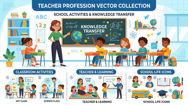Female teacher standing in classroom.