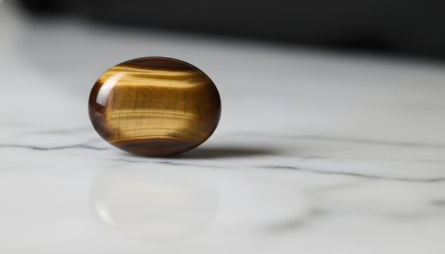 Polished tiger eye cabochon gemstone resting on a reflective white marble surface, representing spiritual grounding and holistic crystal healing energy concept