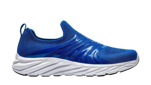Blue knit slip-on athletic shoe with white wavy sole
