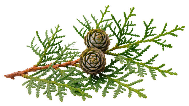 Two small pine cones on a green cedar branch