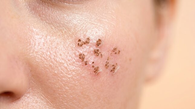 Clusters of dried serous crusts and scabs after facial viral infection