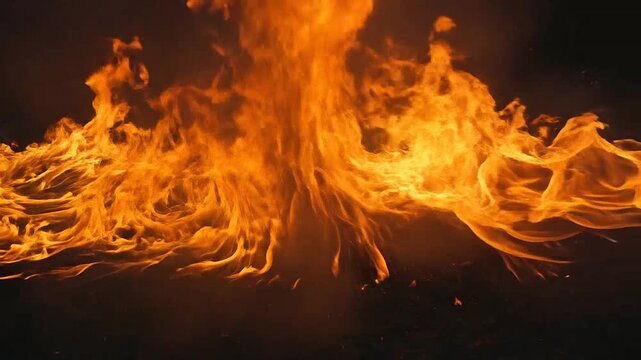 A vibrant and intense wall of bright orange flames burning against a dark background