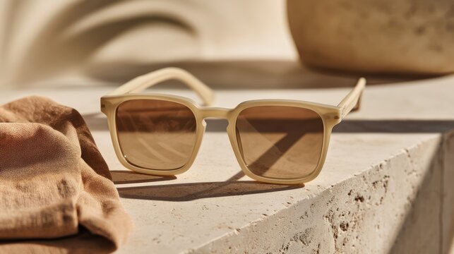 Sunglasses on stone surface with cloth and pottery, lit by sunlight. Natural tones prevail