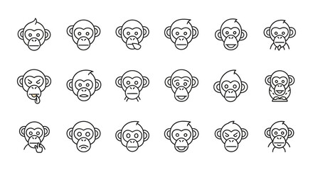 Set of linear monkey faces expressing various emotions and facial expressions © dino