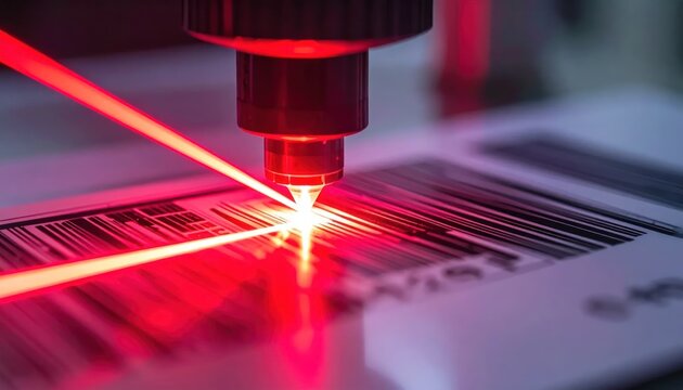 Red Laser Scanner Reading Barcode on Product Label in Close Up Technology Setting