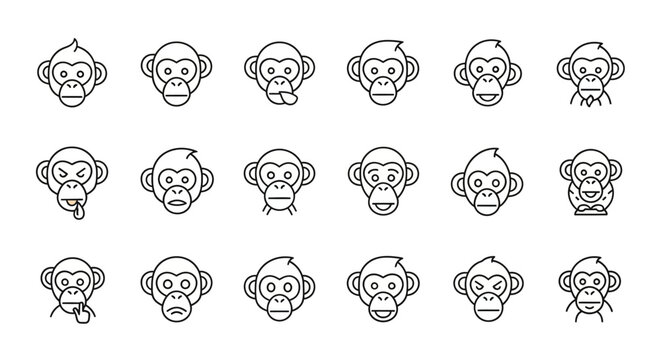 Set of linear monkey faces expressing various emotions and facial expressions