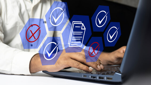 Quality Assurance and Document Verification Concept, a business person using laptop with Compliance Checklist on Digital Interface.