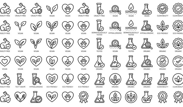 Hypoallergenic Cruelty Free and Dermatologically Tested Editable Stroke Outline Icons Set with Vegan Beauty and Skincare Certification Symbols