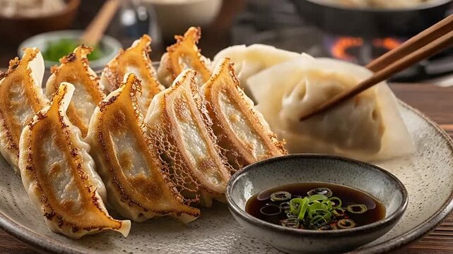 A plate of golden pan-fried dumplings served with a savory dipping sauce